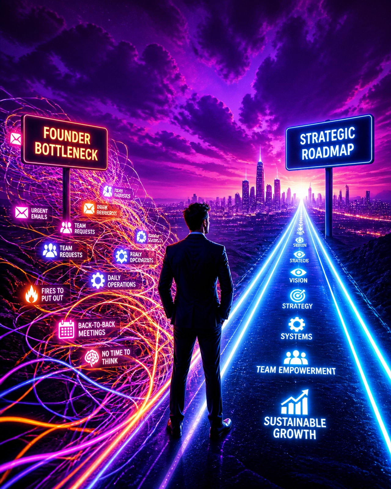 A striking, high-contrast editorial photograph of a business leader standing at a crossroads of glowing paths.