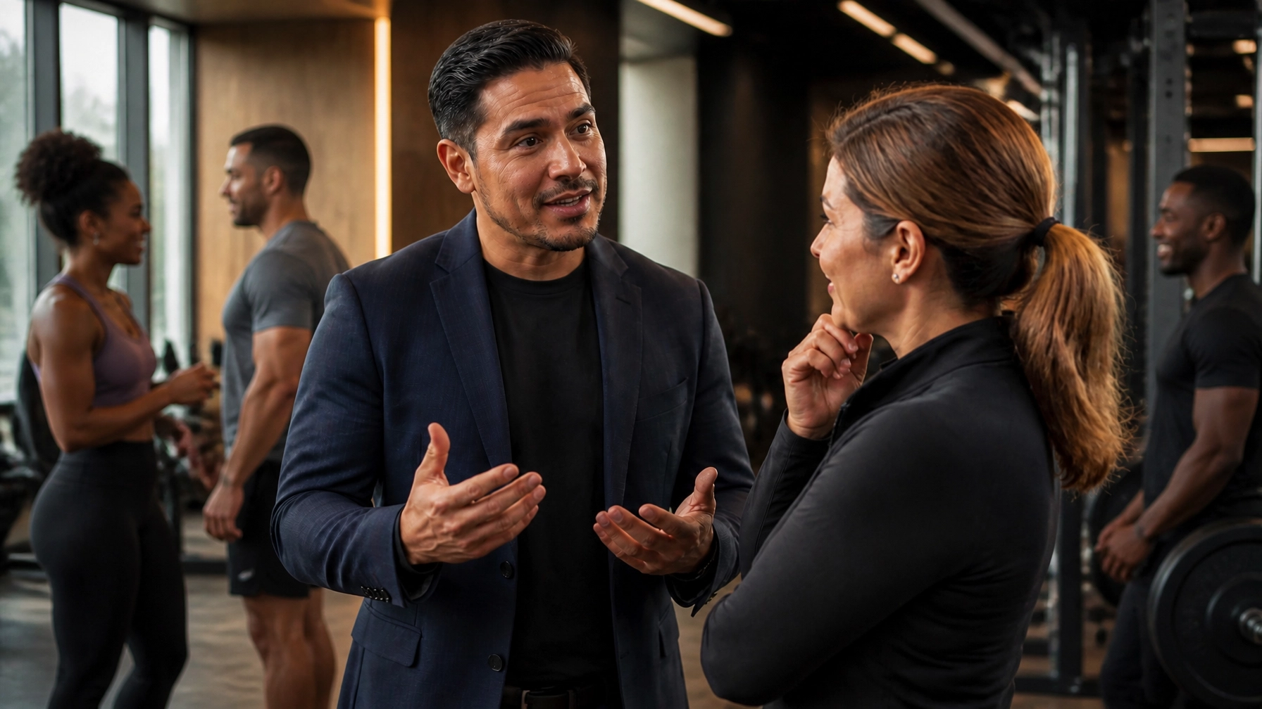 A polished editorial image of a Hispanic man having an honest conversation with a franchise owner inside a thriving gym.