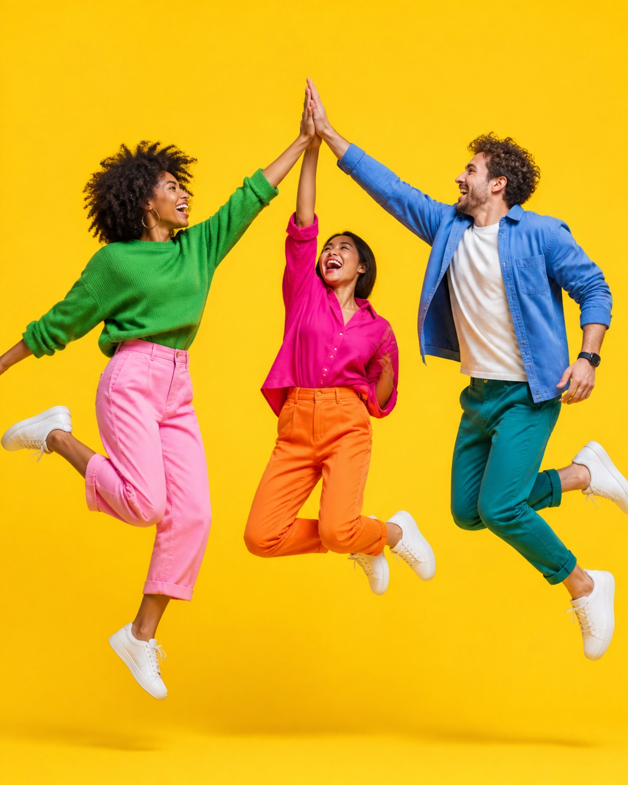 A diverse group of professional partners in vibrant clothing high-fiving in a mid-air leap against a bright yellow background.