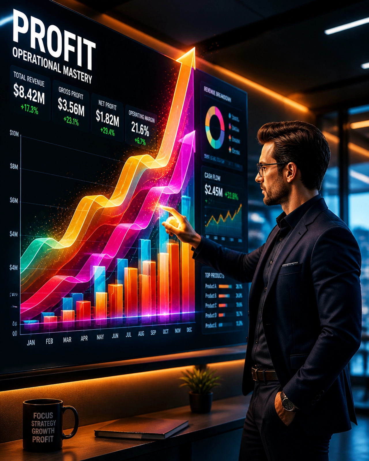 A vibrant editorial photo of a business owner analyzing a glowing, high-contrast financial dashboard, representing mastery over the Profit pillar.