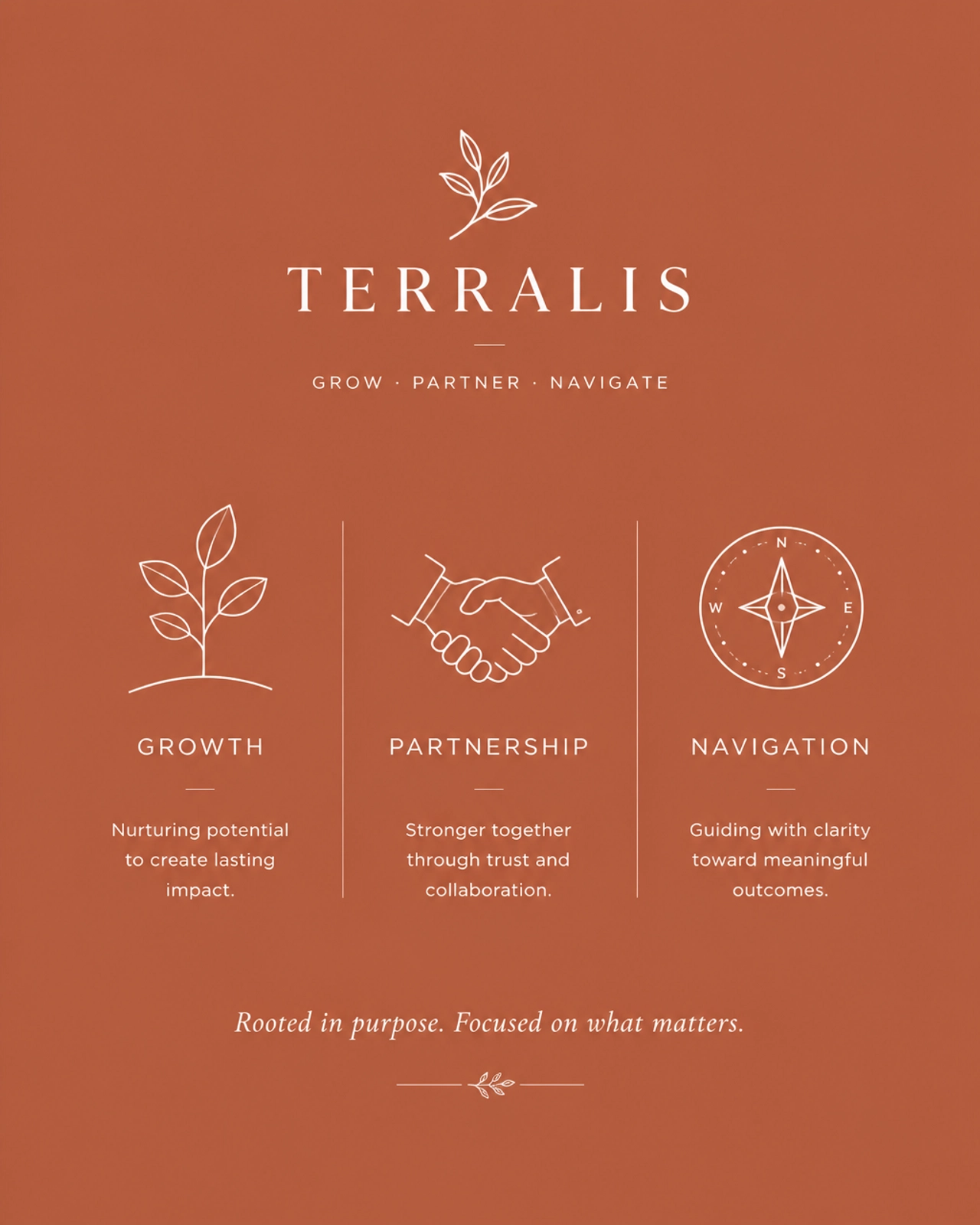Minimalist concept graphic with icons for growth and a compass on a warm terracotta background, representing a professional advisory partnership.
