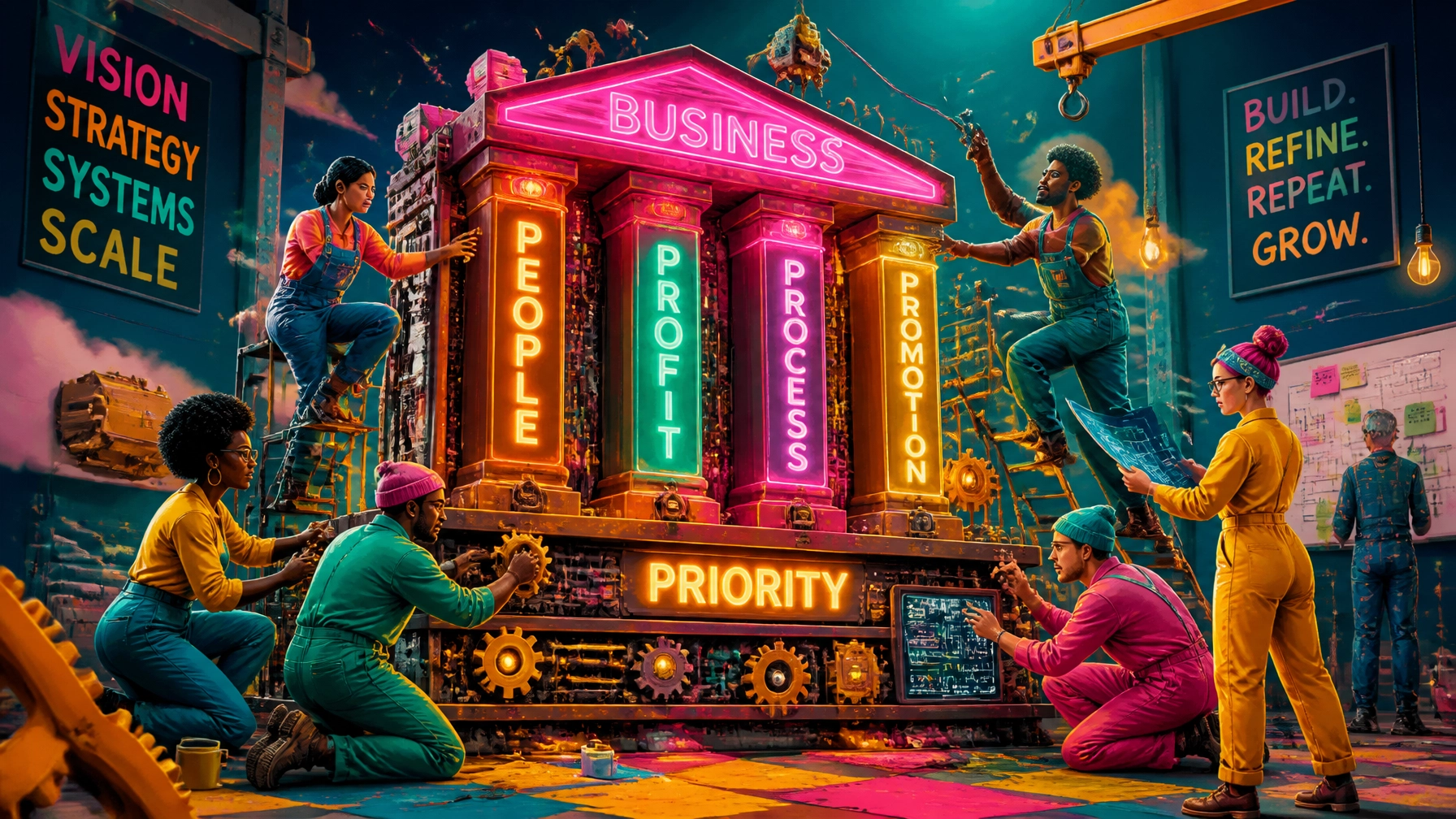 A team collaborating to assemble a giant machine, representing business systems