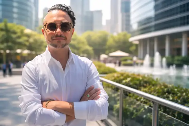Johnny Tellez, Atlanta business coach, standing with arms crossed in a city plaza